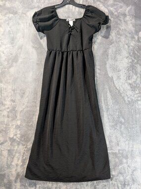 Black Crinkle Crepe Puff Sleeve Tie Front Midi Dress Girls 12 - Ellie Belle